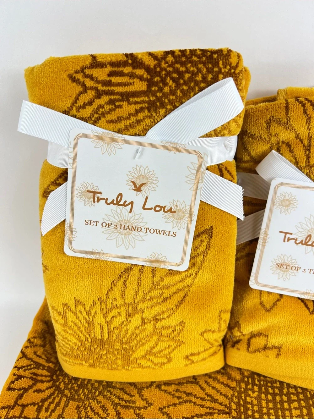 Truly Lou Bath Towel Set FALL Sunflowers Gold Brown Velour Cotton Blend 6 Pc NEW